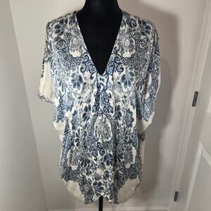 Vtg Biya Silk Blouse Paisley Boho Blue White Flowy Sz Small